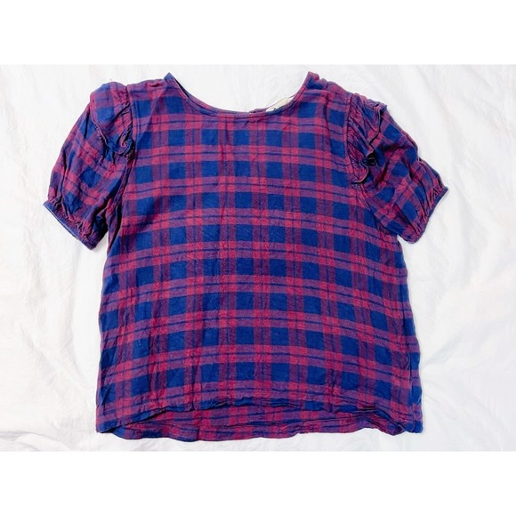 American Eagle Dark Academia Womens Plaid Short Ruffle Sleeve Blouse Size S - Picture 2 of 2